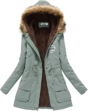 Womens Winter Fashion Warm Slim Fleece Lined Hooded Jackets Thickened Trendy Coats with Faux Fur Hood