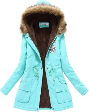 Womens Winter Fashion Warm Slim Fleece Lined Hooded Jackets Thickened Trendy Coats with Faux Fur Hood