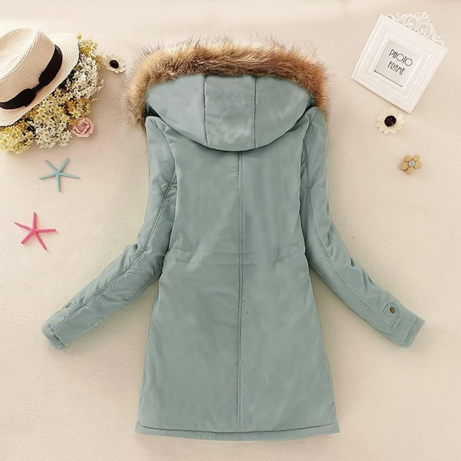 Womens Winter Fashion Warm Slim Fleece Lined Hooded Jackets Thickened Trendy Coats with Faux Fur Hood