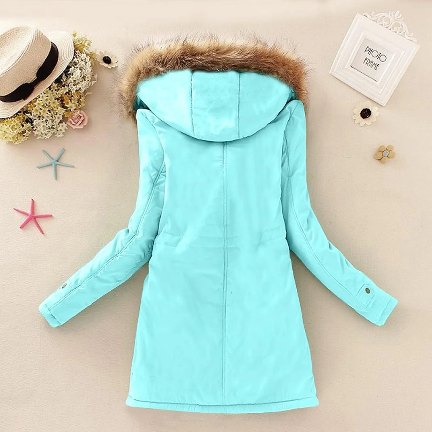 Womens Winter Fashion Warm Slim Fleece Lined Hooded Jackets Thickened Trendy Coats with Faux Fur Hood