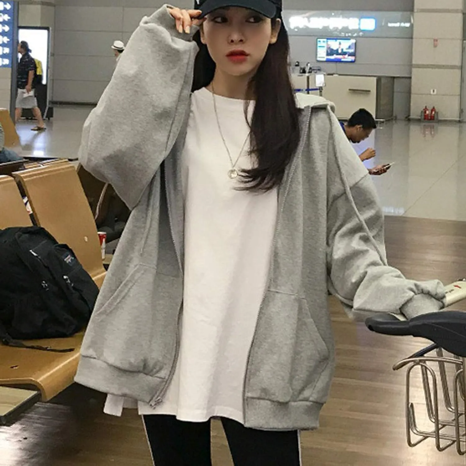 Women's Zip Front Drawstring Hoodie Long Sleeve Casual Sweatshirt Top Black Hoodies for Women