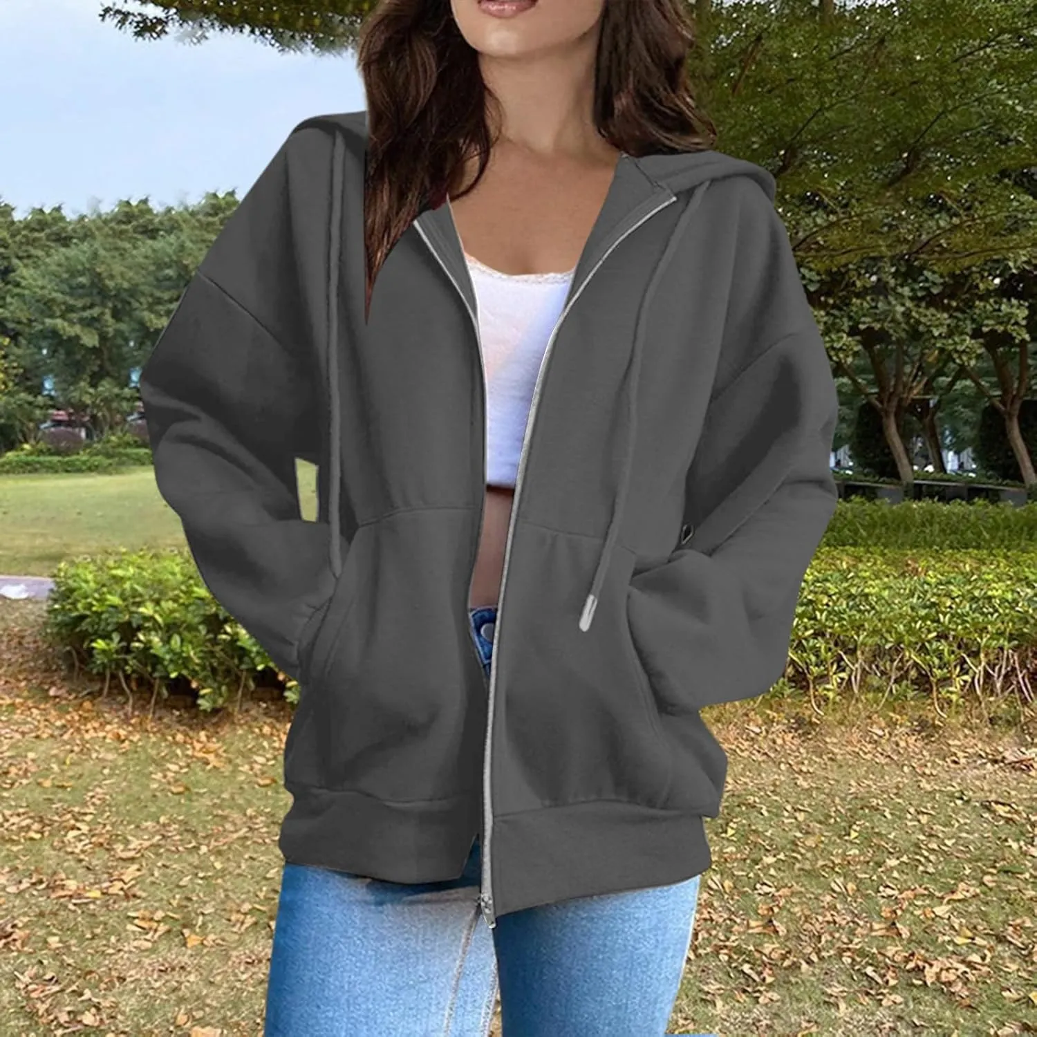 Women's Zip Up Hoodies Casual Fashion Solid Color Long Sleeve Drawstring Pullover Sweatshirt Tops With Pockets