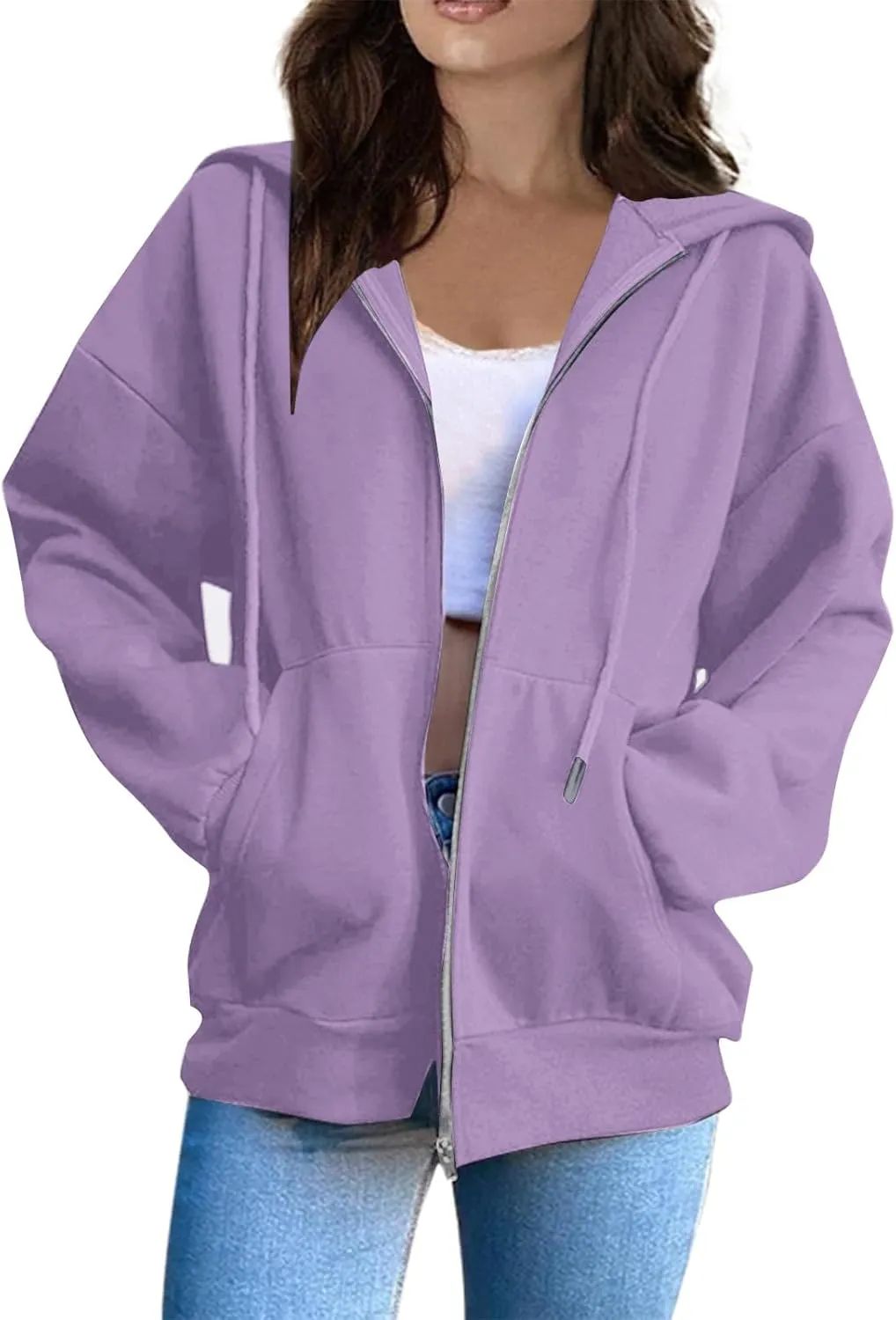 Women's Zip Up Hoodies Casual Fashion Solid Color Long Sleeve Drawstring Pullover Sweatshirt Tops With Pockets