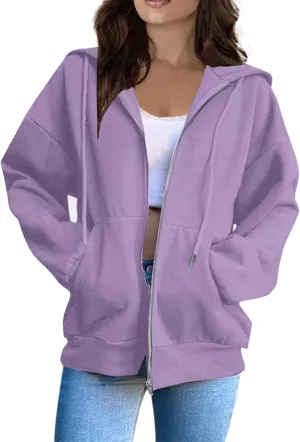 Women's Zip Up Hoodies Casual Fashion Solid Color Long Sleeve Drawstring Pullover Sweatshirt Tops With Pockets
