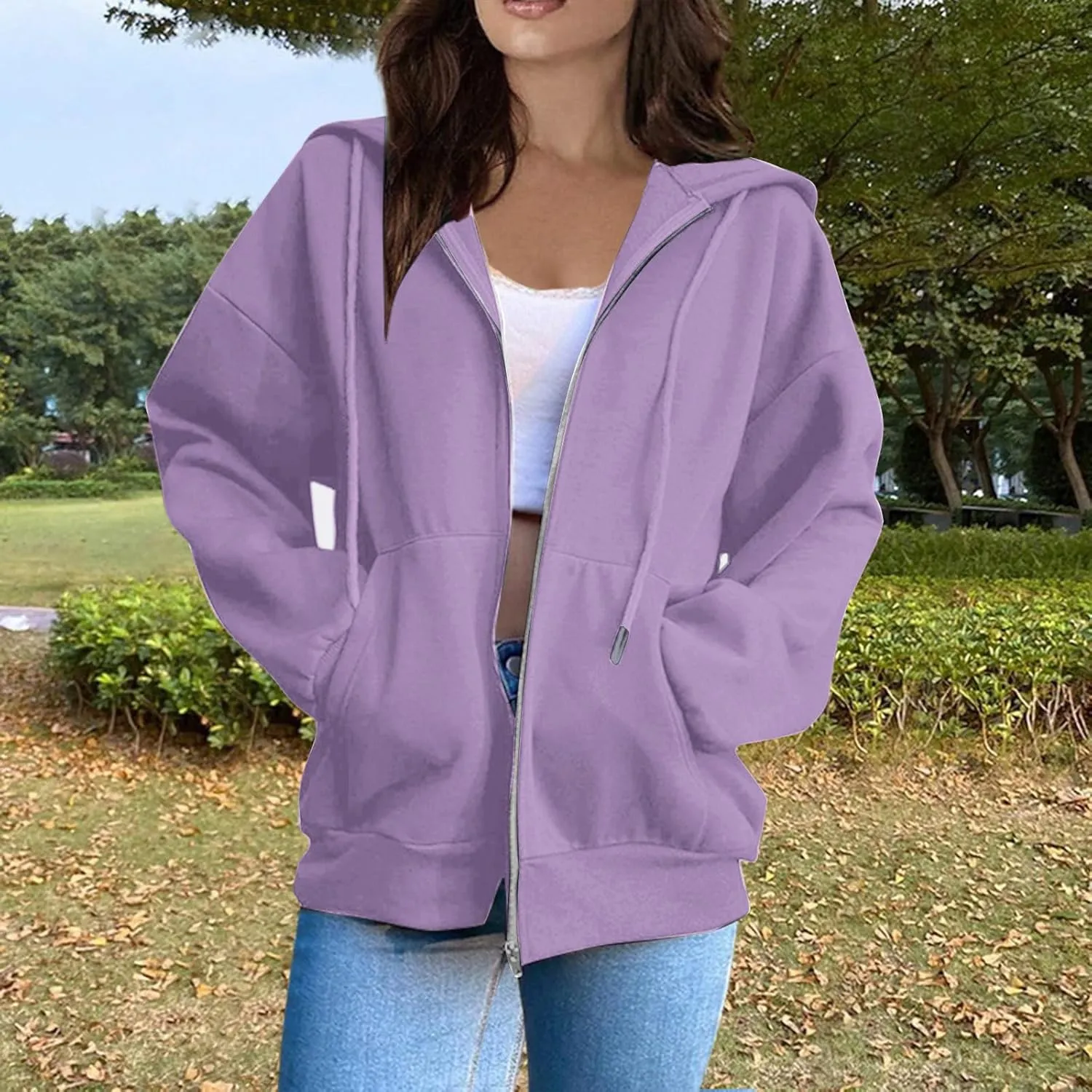 Women's Zip Up Hoodies Casual Fashion Solid Color Long Sleeve Drawstring Pullover Sweatshirt Tops With Pockets