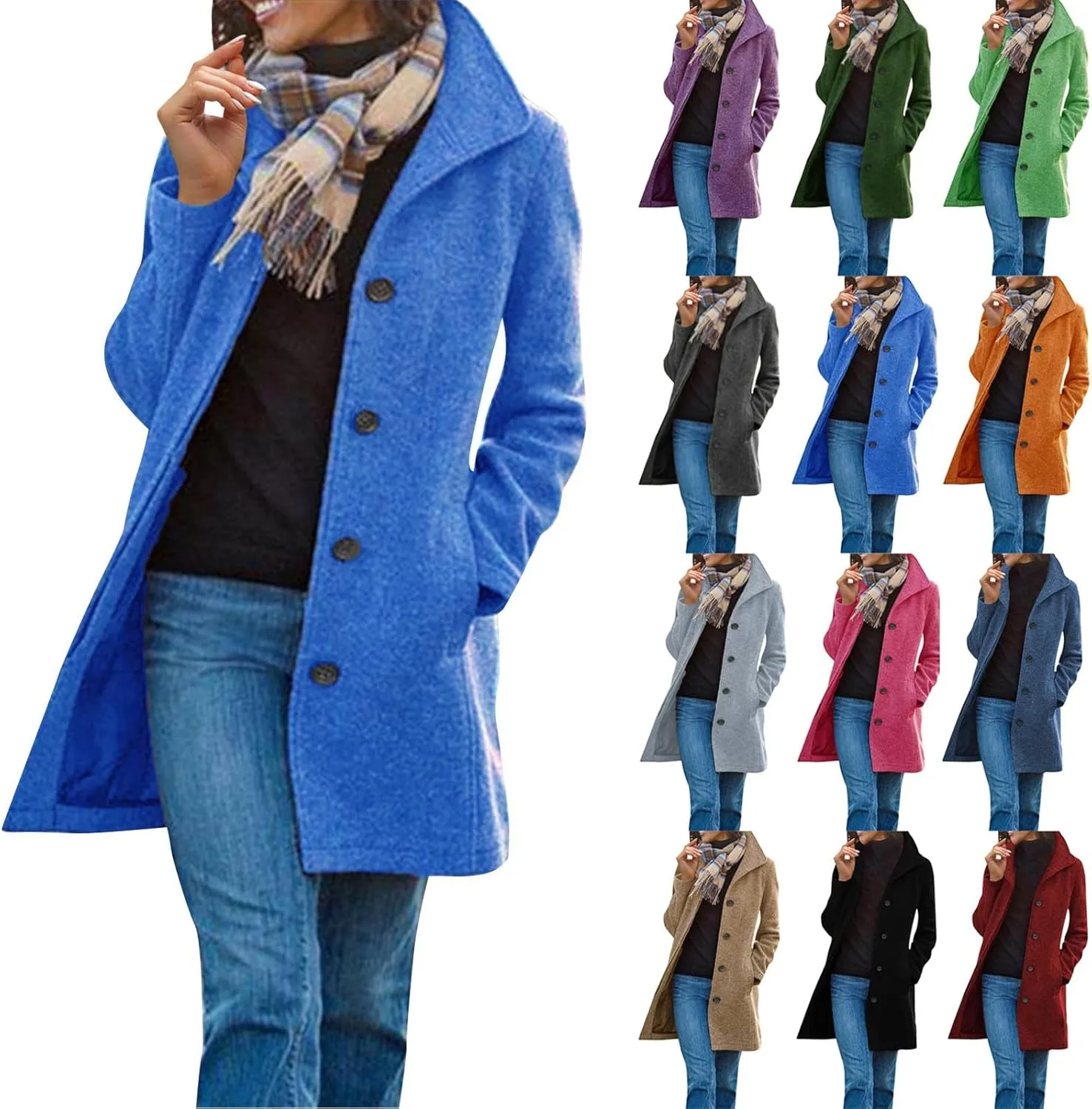 Wool Coats for Women Casual Wool Trench Double Pea Coats Stand Collar Fleece Lined Jacket Outerwear