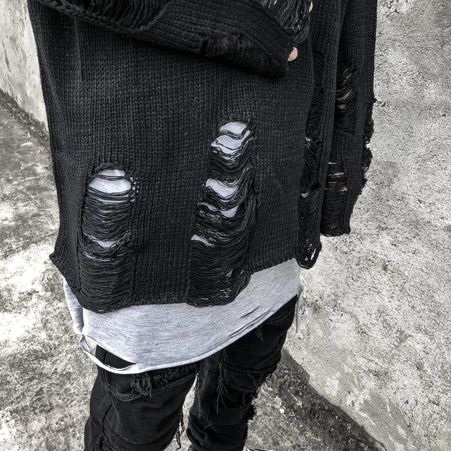 Zhiyouni Womens Punk Gothic Sweater Loose Oversized Striped Ripped Pullover Knit Sweaters