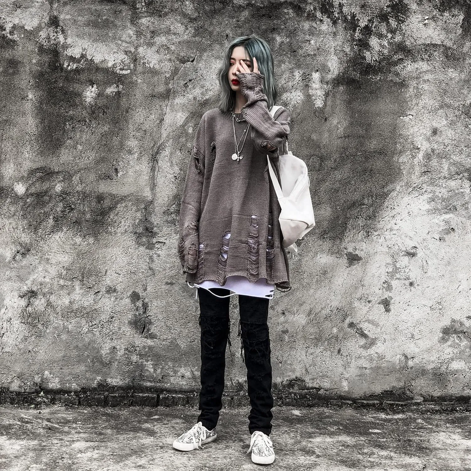 Zhiyouni Womens Punk Gothic Sweater Loose Oversized Striped Ripped Pullover Knit Sweaters