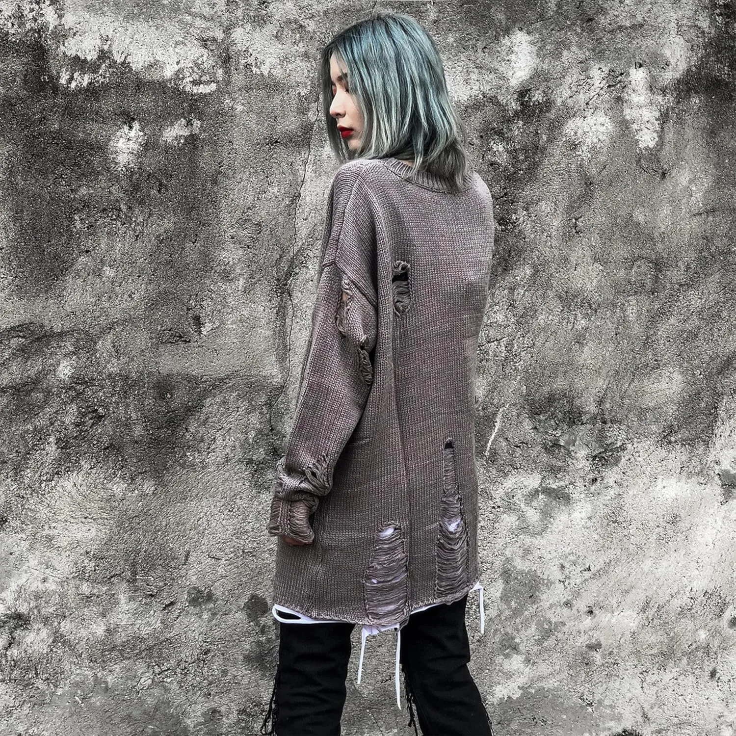 Zhiyouni Womens Punk Gothic Sweater Loose Oversized Striped Ripped Pullover Knit Sweaters