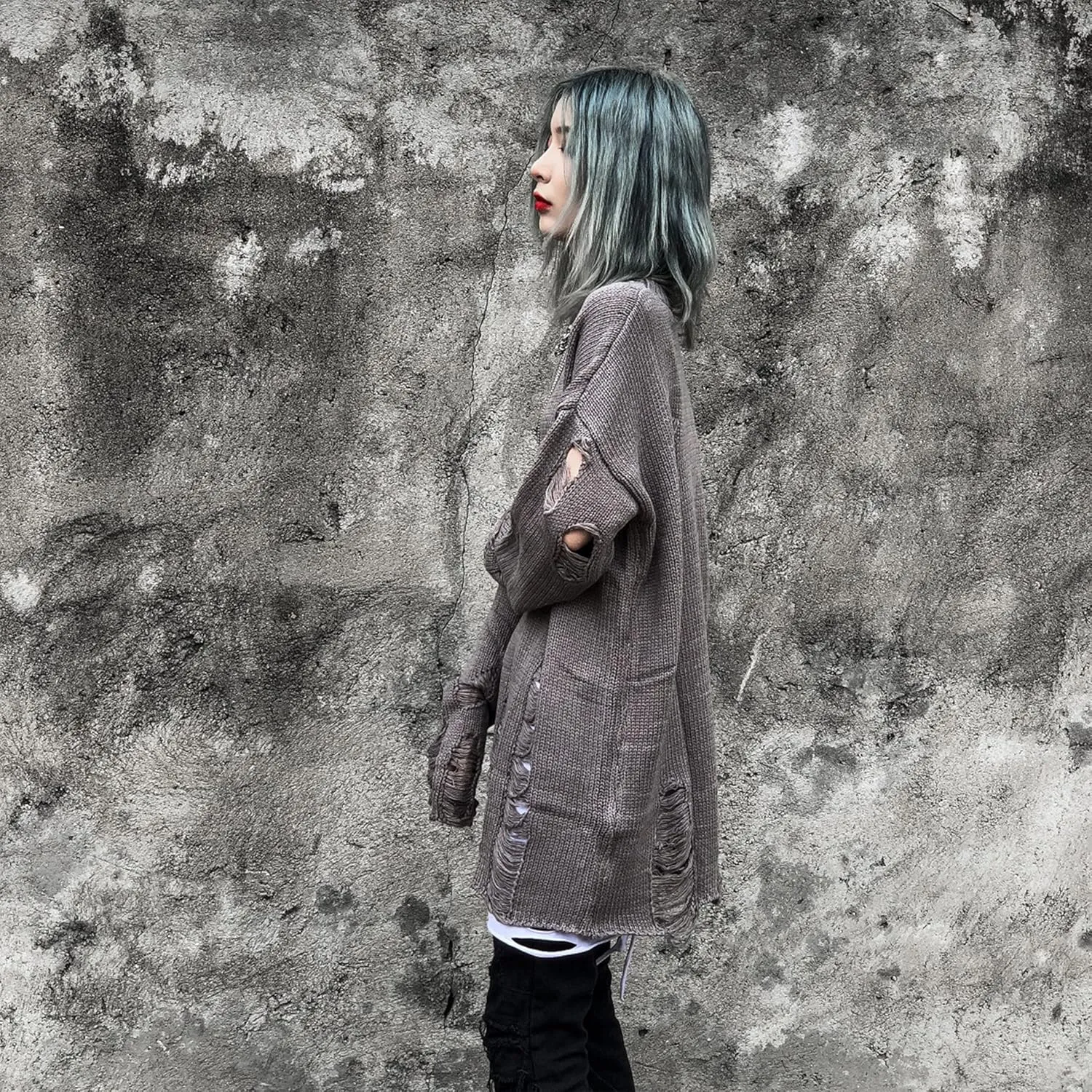 Zhiyouni Womens Punk Gothic Sweater Loose Oversized Striped Ripped Pullover Knit Sweaters