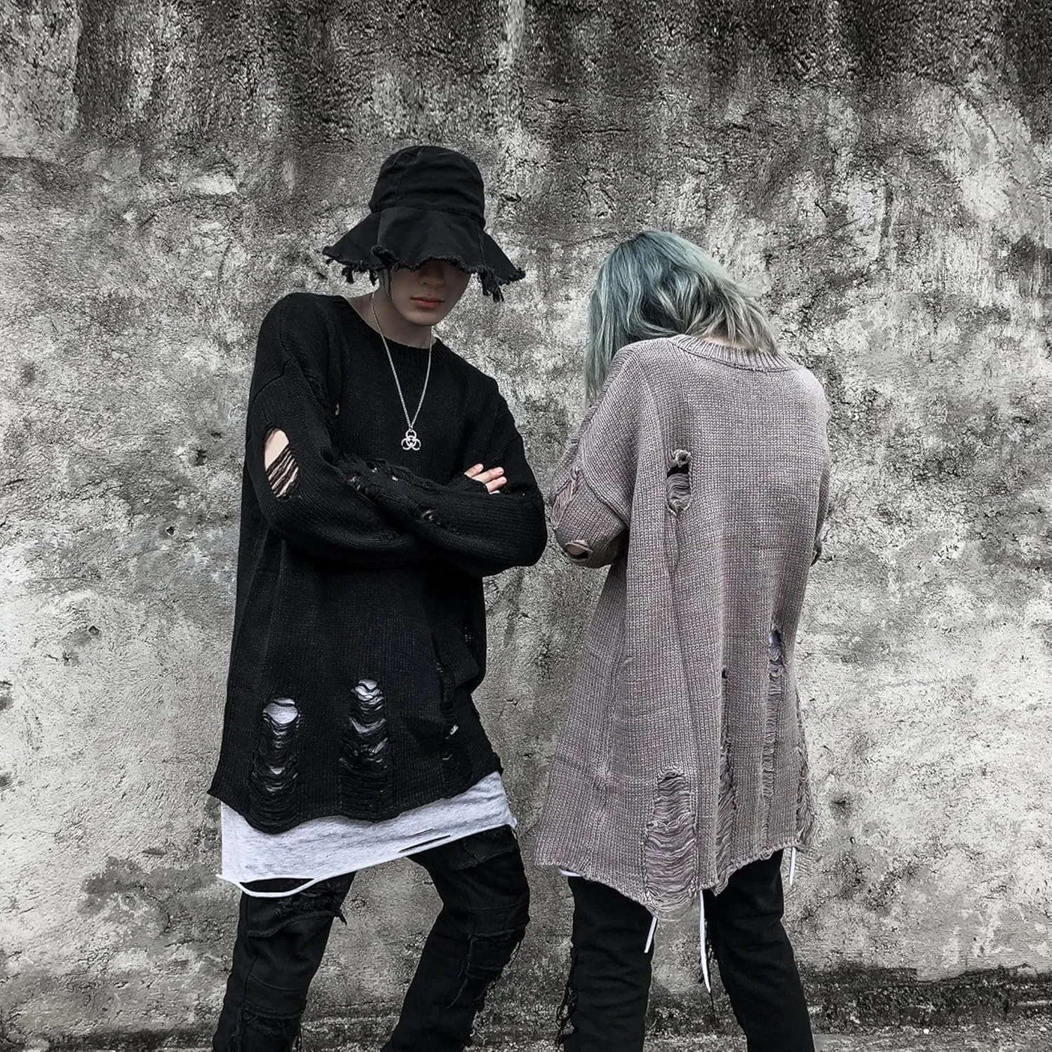 Zhiyouni Womens Punk Gothic Sweater Loose Oversized Striped Ripped Pullover Knit Sweaters