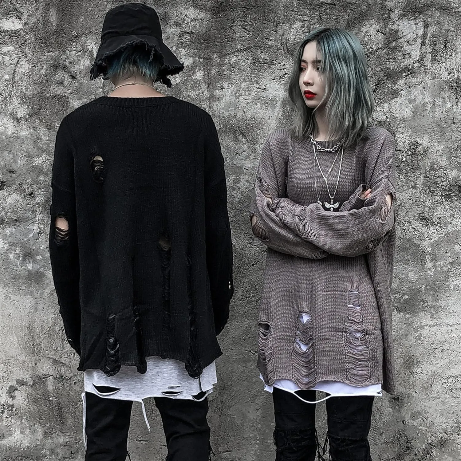 Zhiyouni Womens Punk Gothic Sweater Loose Oversized Striped Ripped Pullover Knit Sweaters