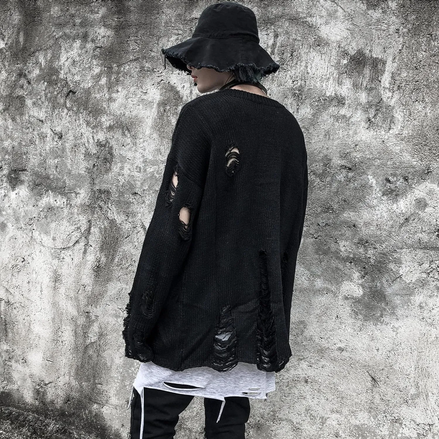 Zhiyouni Womens Punk Gothic Sweater Loose Oversized Striped Ripped Pullover Knit Sweaters