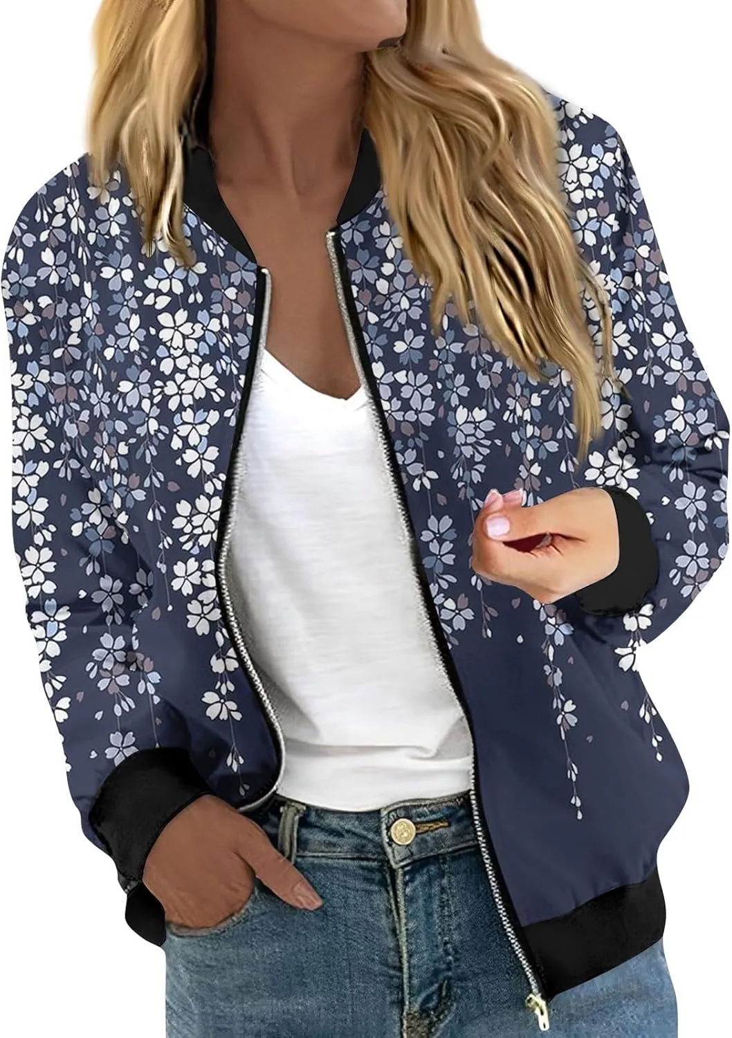 Zip Up Jackets for Women 2024 Trendy Fall Causal Long Sleeve Zipper Coats Lightweight Cute Floral Outerwear Tops