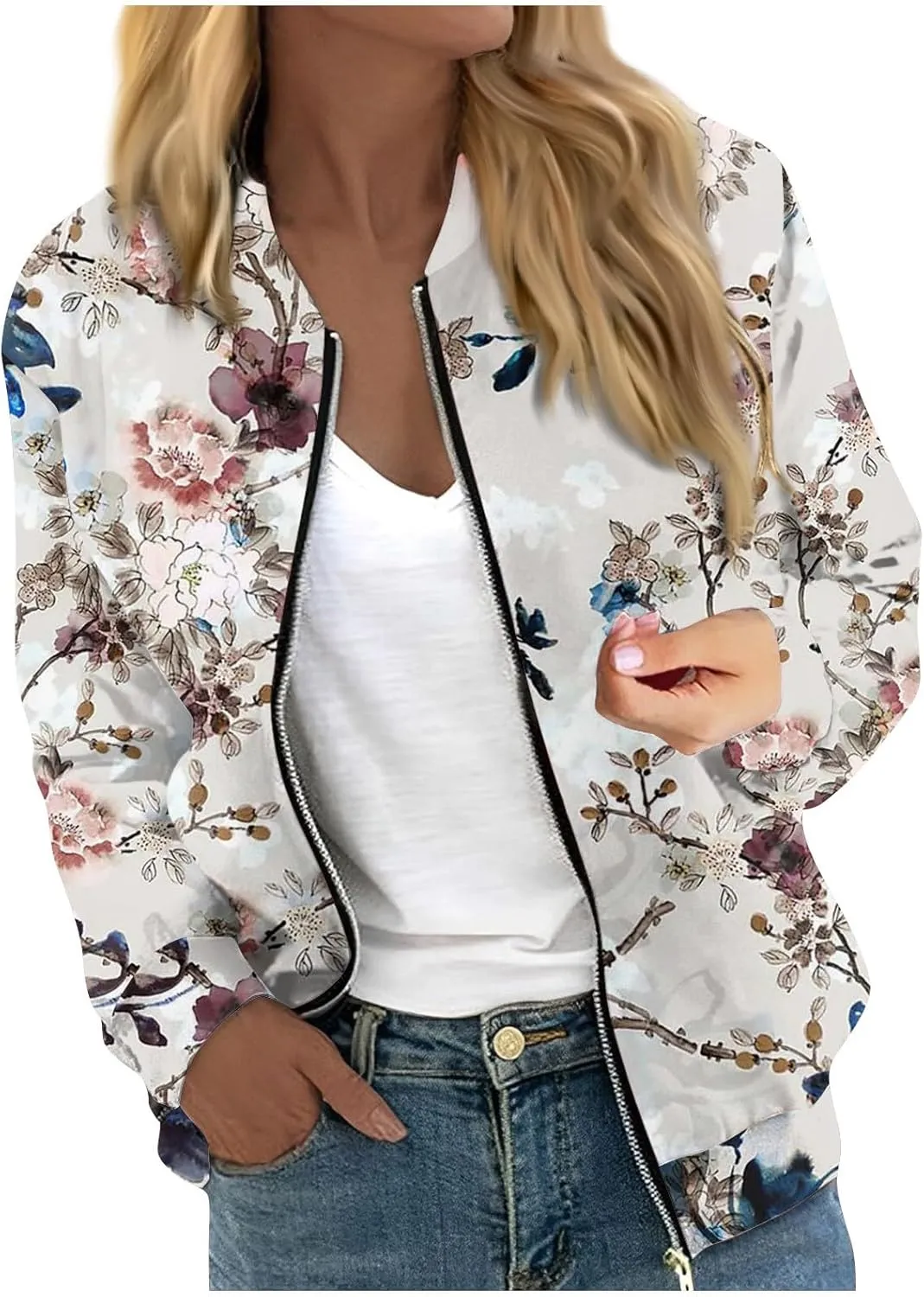 Zip Up Jackets for Women 2024 Trendy Fall Causal Long Sleeve Zipper Coats Lightweight Cute Floral Outerwear Tops