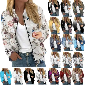 Zip Up Jackets for Women 2024 Trendy Fall Causal Long Sleeve Zipper Coats Lightweight Cute Floral Outerwear Tops