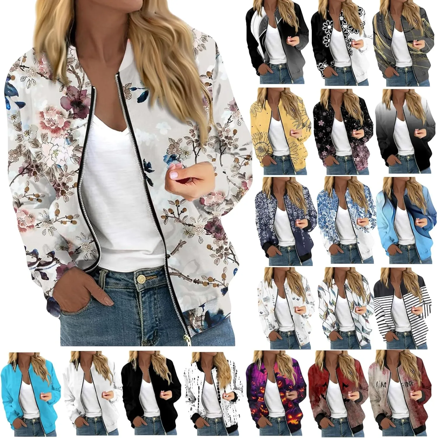 Zip Up Jackets for Women 2024 Trendy Fall Causal Long Sleeve Zipper Coats Lightweight Cute Floral Outerwear Tops