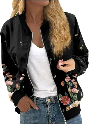 Zip Up Jackets for Women 2024 Trendy Fall Causal Long Sleeve Zipper Coats Lightweight Cute Floral Outerwear Tops