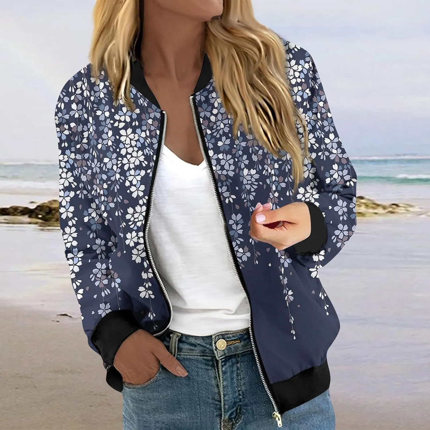 Zip Up Jackets for Women 2024 Trendy Fall Causal Long Sleeve Zipper Coats Lightweight Cute Floral Outerwear Tops